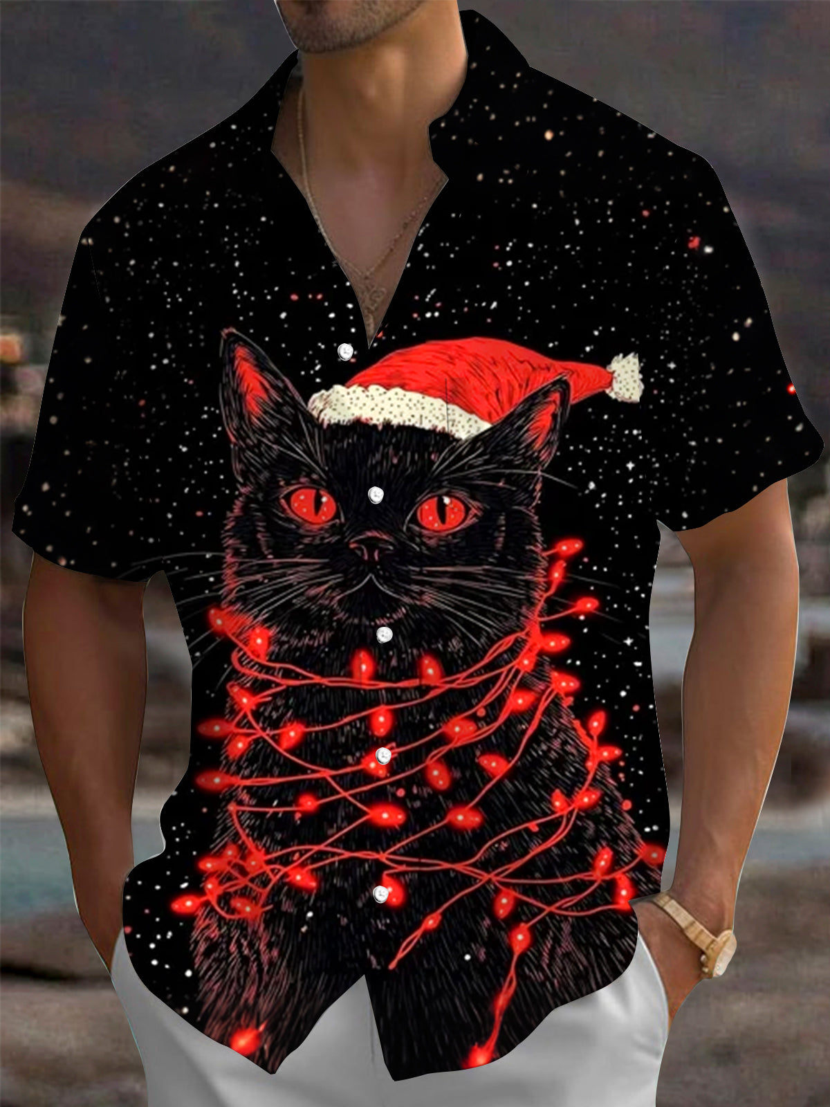 Adaychic Men's Graphic Black Cat With Santa Hat Print Short Sleeve Shirt with Chest Pocket
