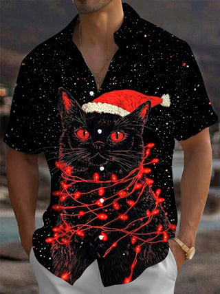 Adaychic Men's Graphic Black Cat With Santa Hat Print Short Sleeve Shirt with Chest Pocket