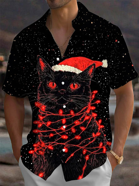 Adaychic Men's Graphic Black Cat With Santa Hat Print Short Sleeve Shirt with Chest Pocket