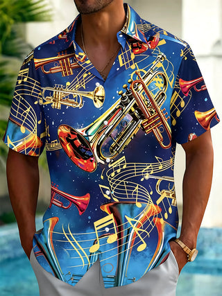 Adaychic Men's Hawaiian Trumpet Musical Notes Print Short Sleeve Shirt with Chest Pocket