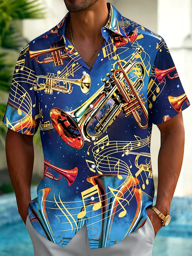 Adaychic Men's Hawaiian Trumpet Musical Notes Print Short Sleeve Shirt with Chest Pocket