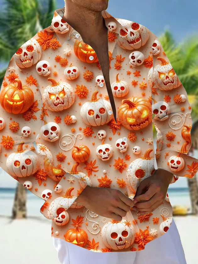 Adaychic Men's Printed Halloween Skull Pumpkins Print Long Sleeve Shirt with Chest Pocket