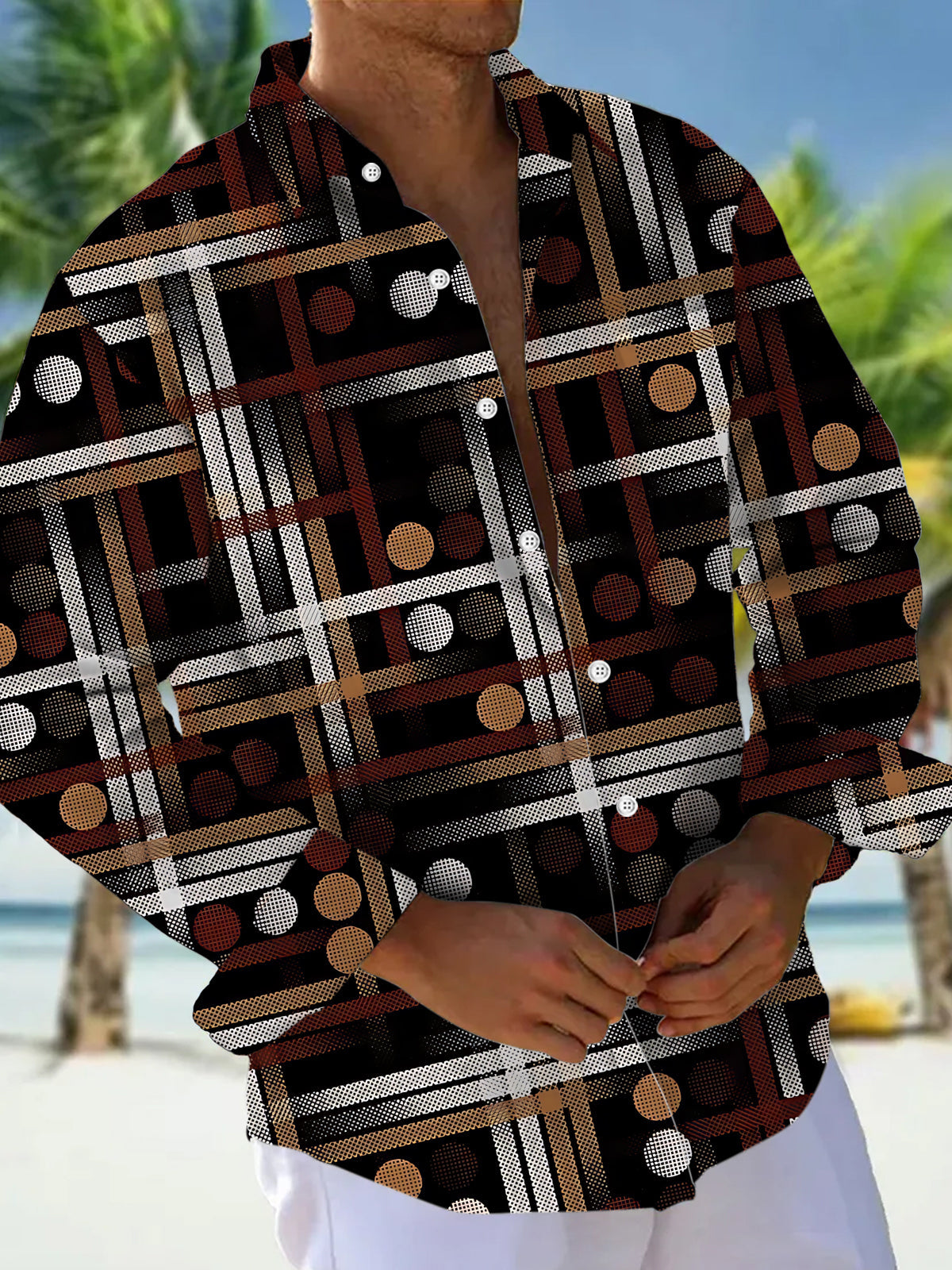 Adaychic Men's Printed Geometric Grid Pattern Long Sleeve Shirt with Chest Pocket