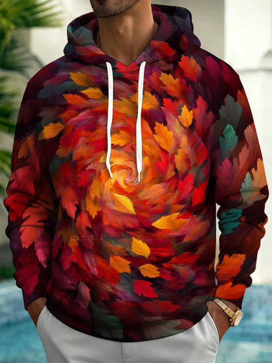 Adaychic Men's Printed Spiral Autumn Leaves Print Long Sleeve Hoodie with Chest Pocket