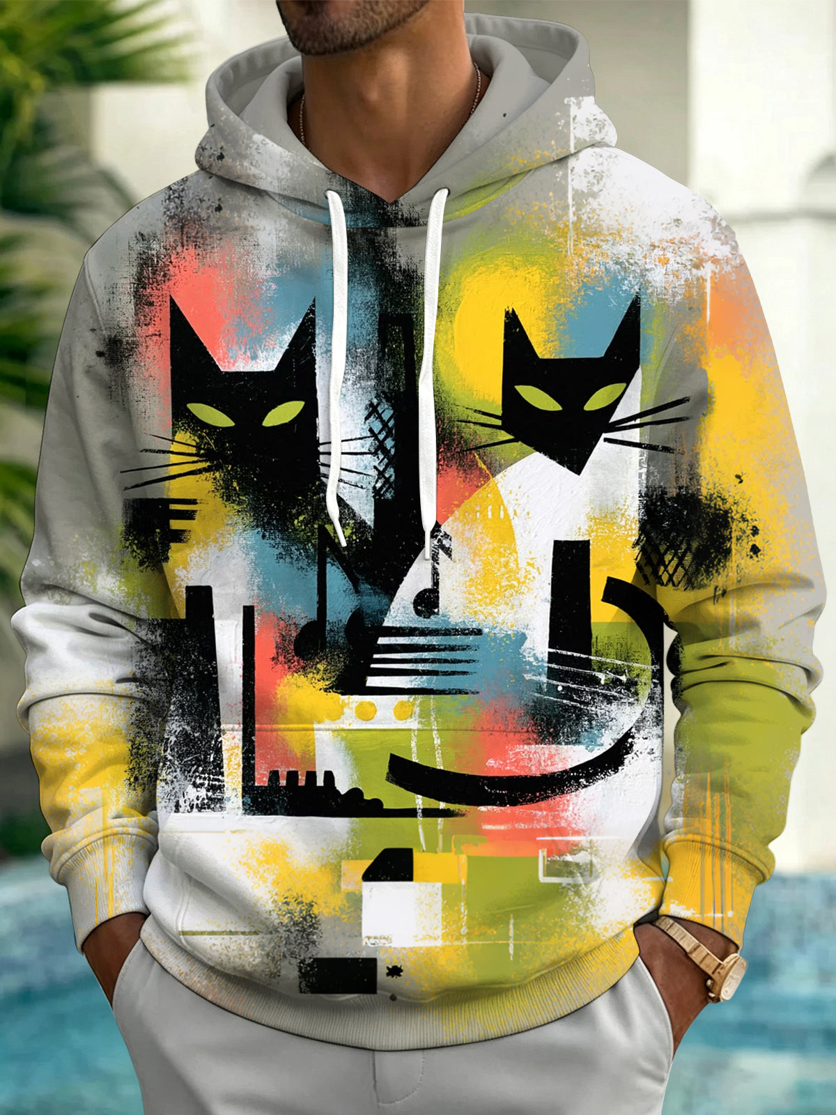 Adaychic Men's Printed Abstract Geometric Cats Print Long Sleeve Hoodie with Chest Pocket