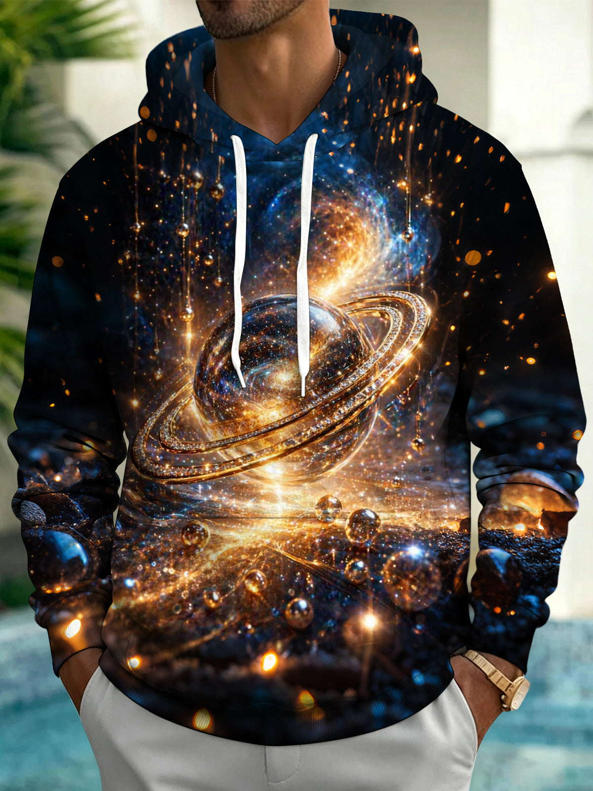 Adaychic Men's Graphic Space Planet Print Long Sleeve Hoodie with Chest Pocket