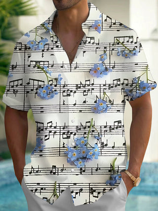 Adaychic Men's Hawaiian Musical Notes Sheet Music Print Short Sleeve Shirt with Chest Pocket