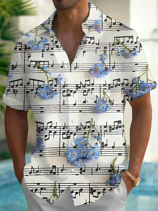 Adaychic Men's Hawaiian Musical Notes Sheet Music Print Short Sleeve Shirt with Chest Pocket