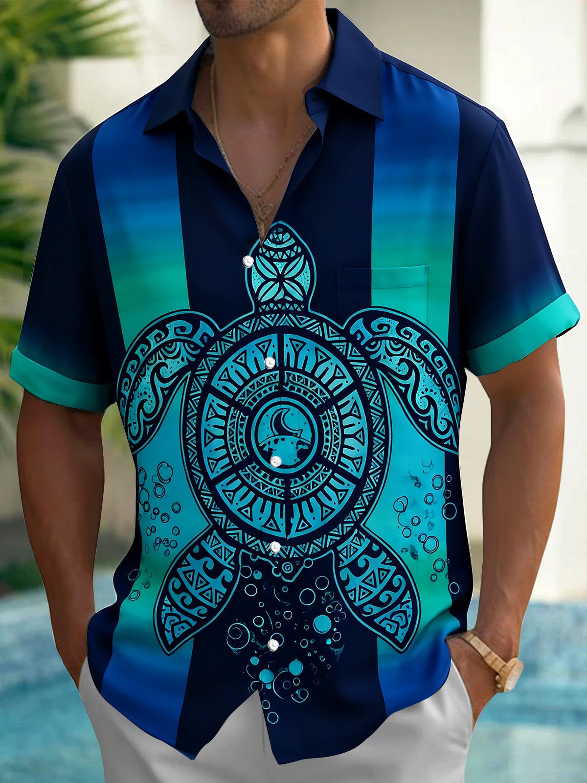 Adaychic Men's Hawaiian Tribal Turtle Design Print Short Sleeve Shirt with Chest Pocket