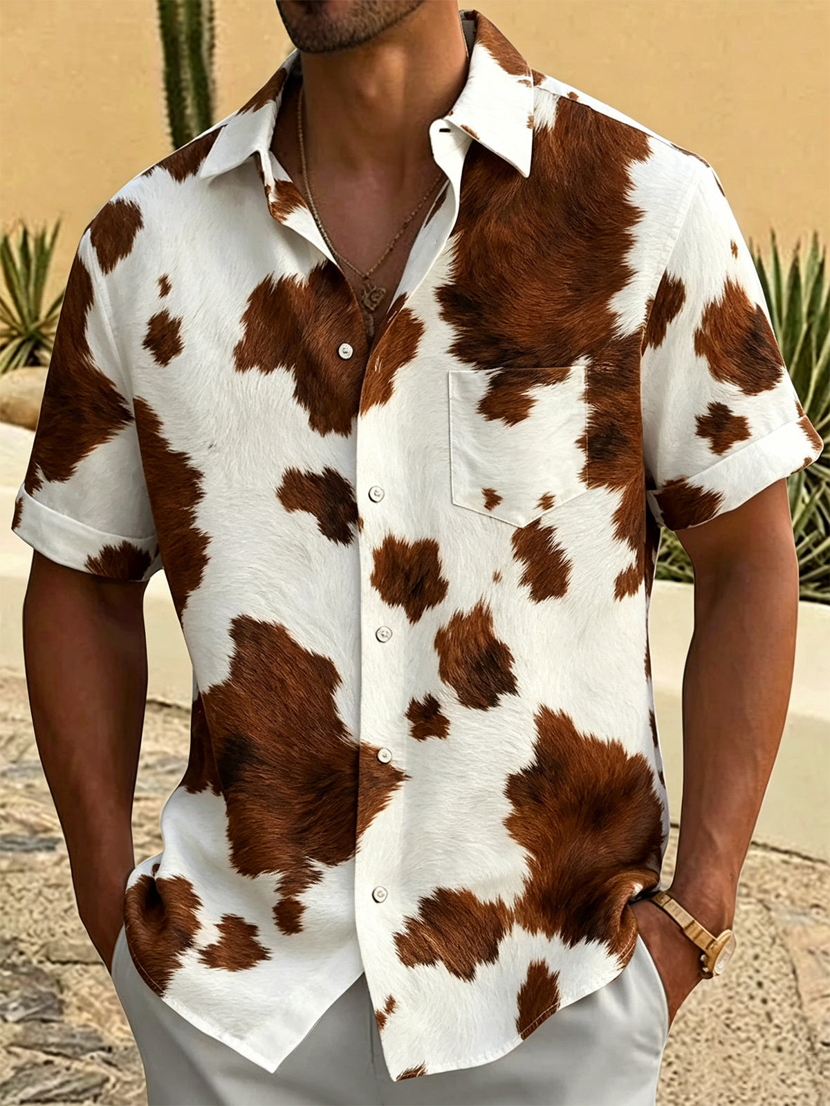 Adaychic Men's Patterned Cow Print Cowhide Pattern Short Sleeve Shirt with Chest Pocket