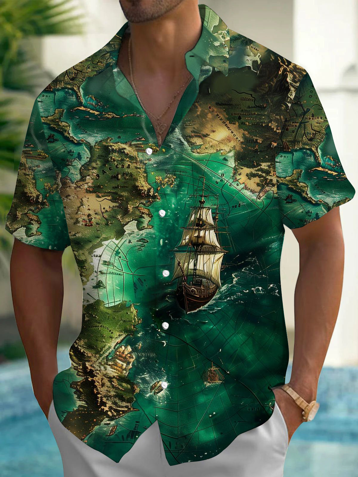 Adaychic Men's Vintage Style Vintage Map Print Short Sleeve Shirt with Chest Pocket