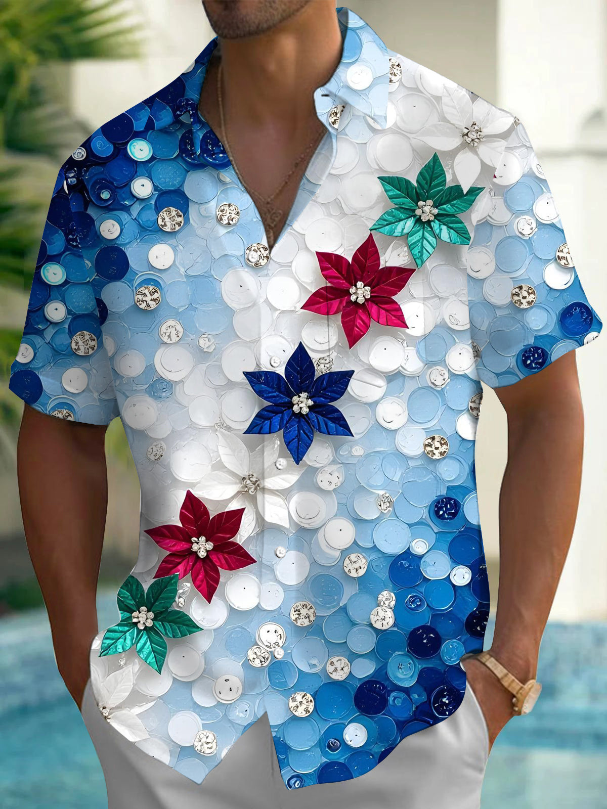 Adaychic Men's Hawaiian Gradient Blue Circles Print Short Sleeve Shirt with Chest Pocket