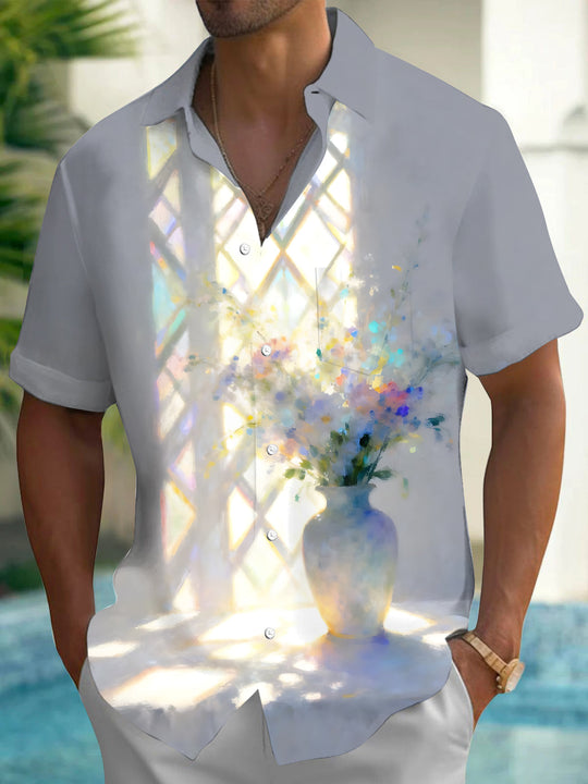 Adaychic Men's Printed Flower Vase Print Short Sleeve Shirt with Chest Pocket