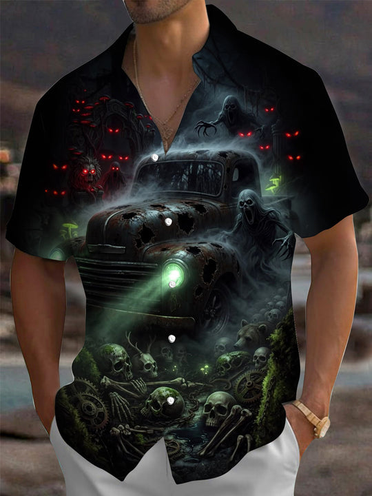 Adaychic Men's Graphic Grim Reaper Print Short Sleeve Shirt with Chest Pocket