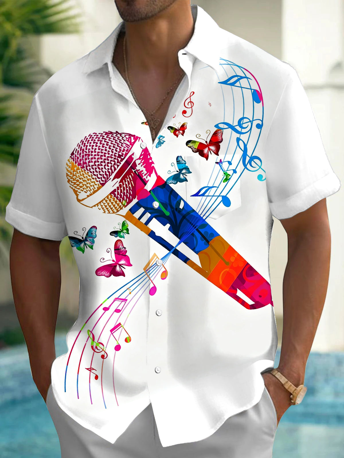 Adaychic Men's Graphic Colorful Microphone Print Short Sleeve Shirt with Chest Pocket