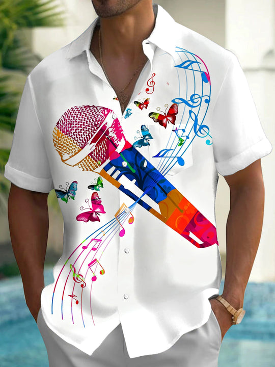 Adaychic Men's Graphic Colorful Microphone Print Short Sleeve Shirt with Chest Pocket