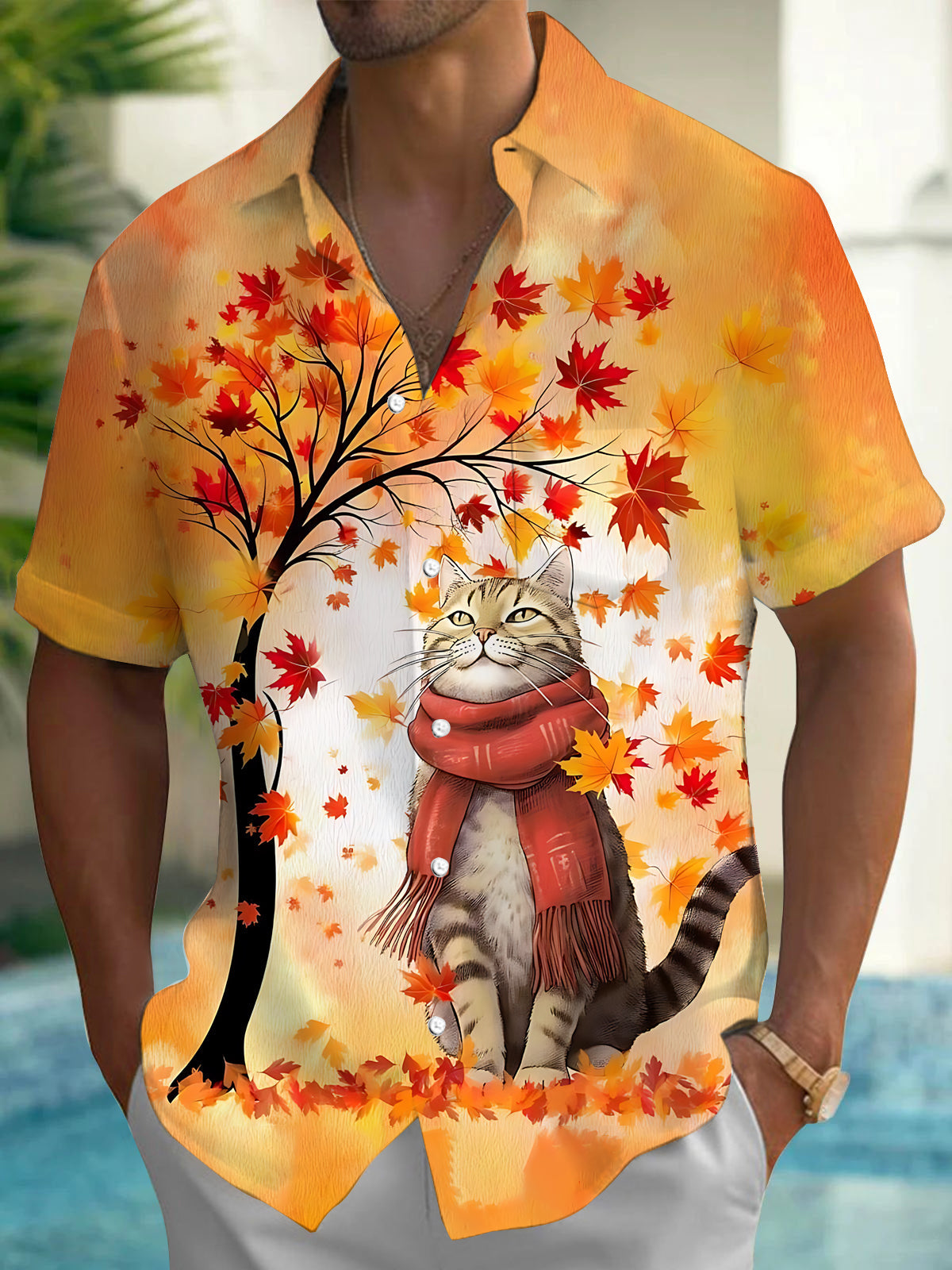 Adaychic Men's Hawaiian Autumn Maple Leaves Print Short Sleeve Shirt with Chest Pocket
