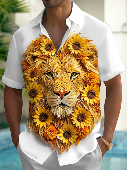 Adaychic Men's Printed Quilled Lion Face Print Short Sleeve Shirt with Chest Pocket