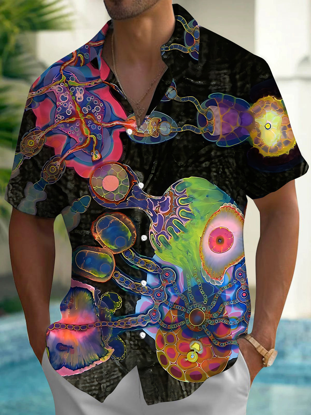 Adaychic Men's Colorful Abstract Organic Shapes Print Short Sleeve Shirt with Chest Pocket