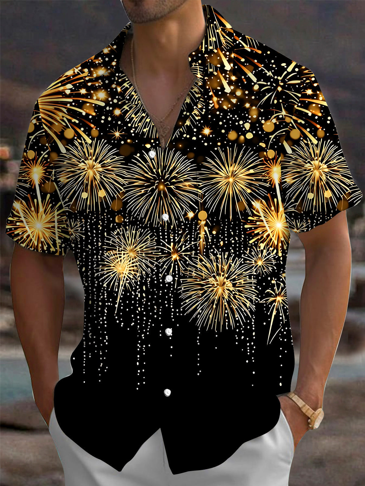 Adaychic Men's Hawaiian Golden Fireworks Print Short Sleeve Shirt with Chest Pocket