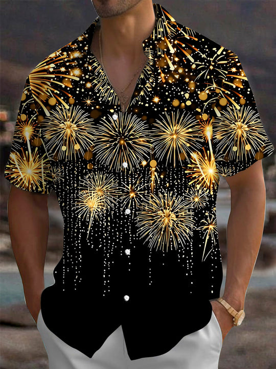 Adaychic Men's Hawaiian Golden Fireworks Print Short Sleeve Shirt with Chest Pocket