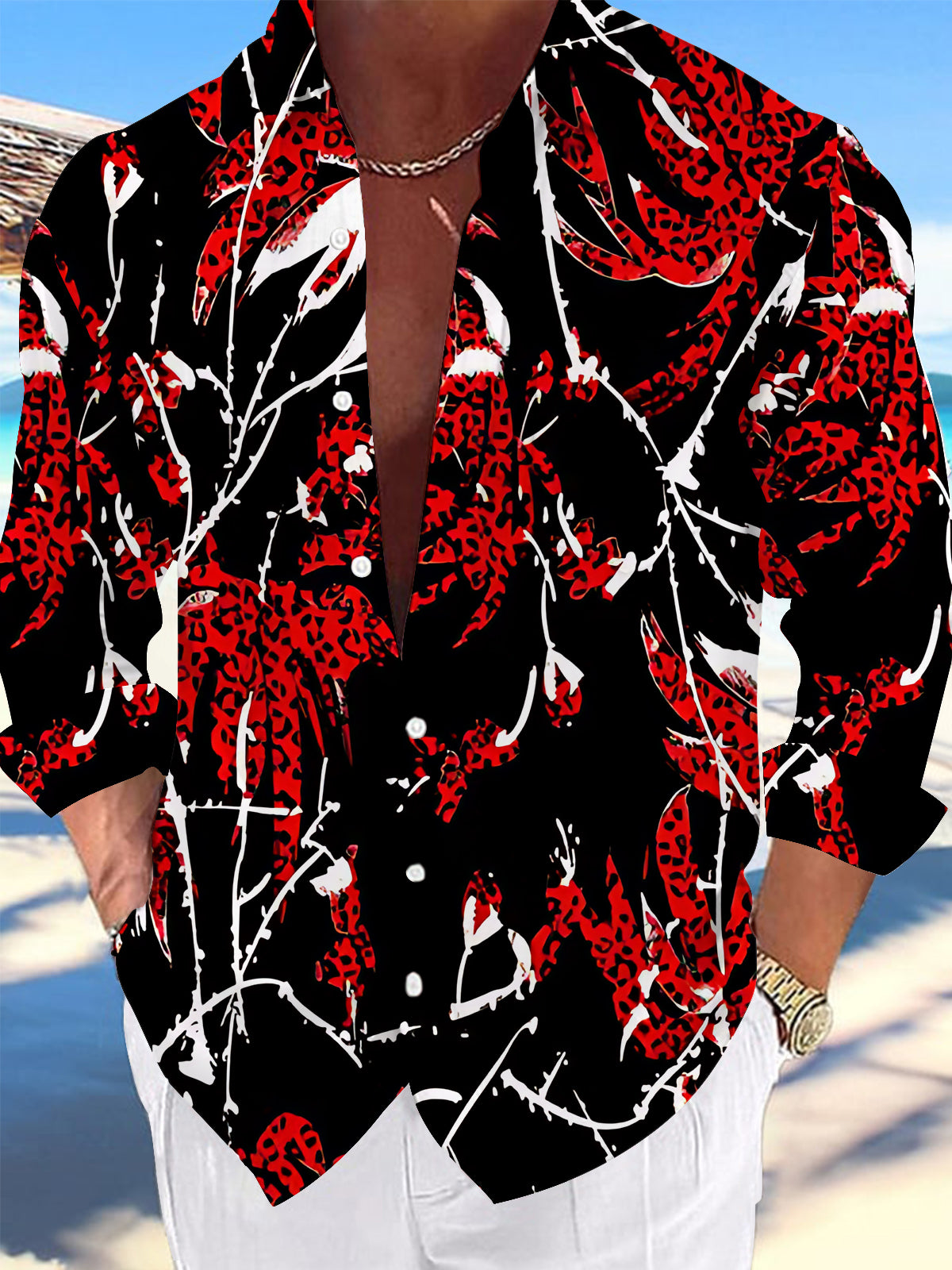 Adaychic Men's Hawaiian Leopard Print Leaves Long Sleeve Shirt with Chest Pocket