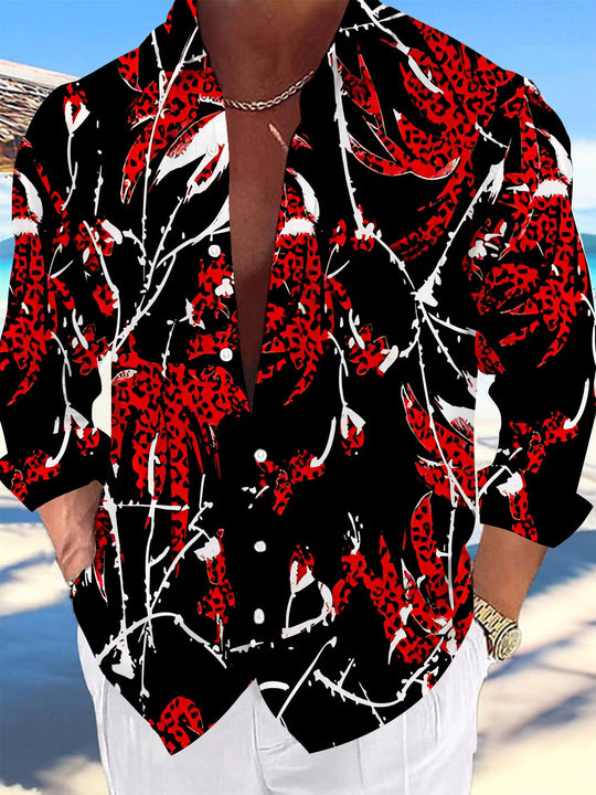 Adaychic Men's Hawaiian Leopard Print Leaves Long Sleeve Shirt with Chest Pocket