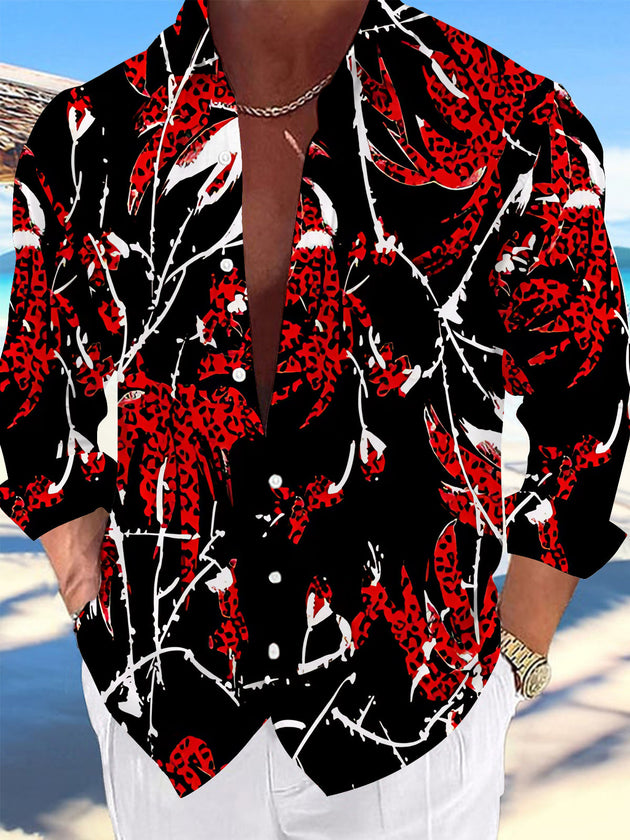 Adaychic Men's Hawaiian Leopard Print Leaves Long Sleeve Shirt with Chest Pocket