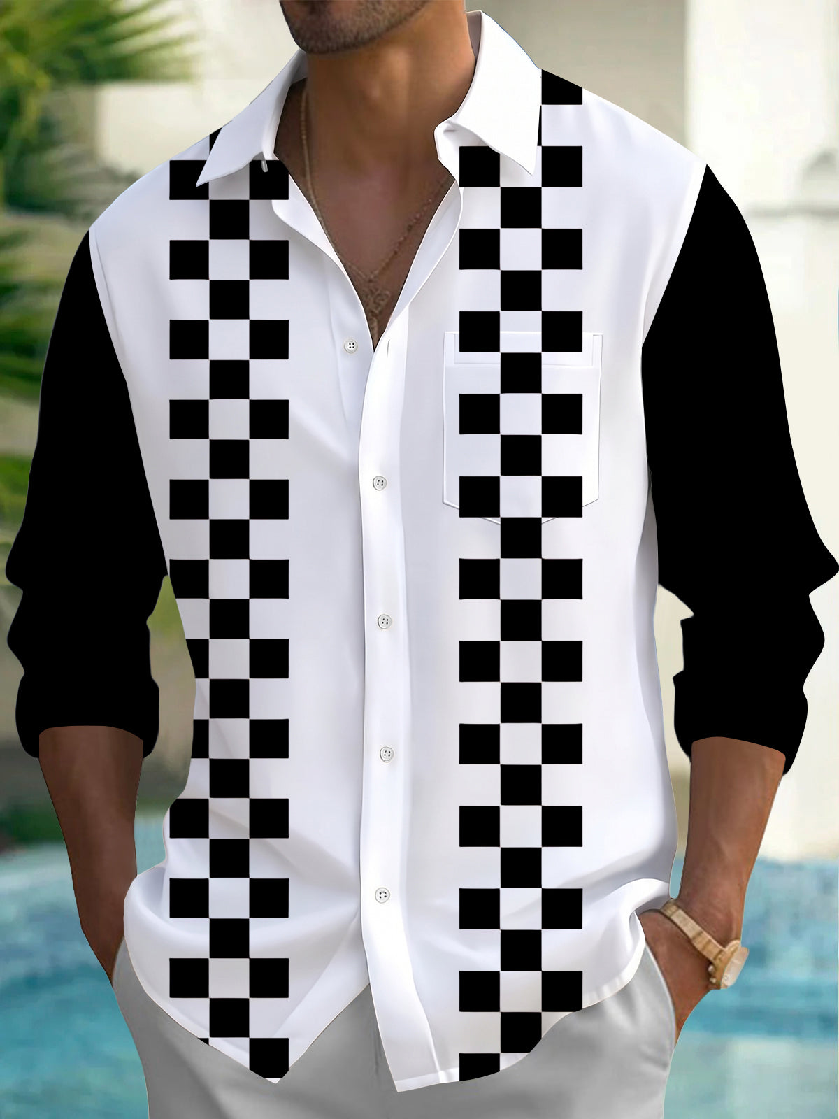 Adaychic Men's Black And White Checkerboard Stripes Print Long Sleeve Shirt with Chest Pocket