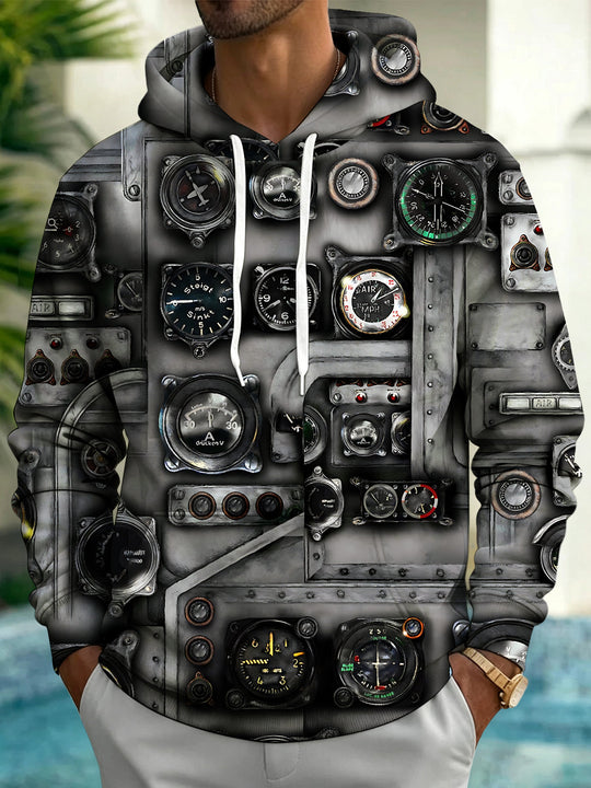Adaychic Men's Vintage Style Airplane Dashboard Print Long Sleeve Hoodie with Chest Pocket