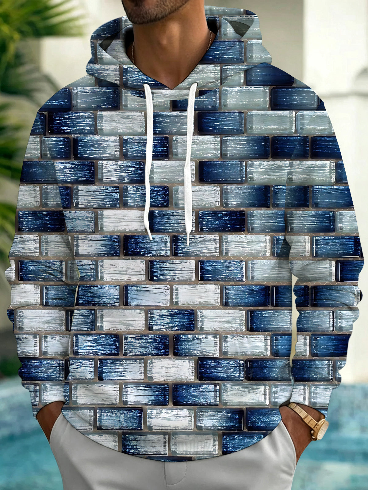 Adaychic Men's Printed Brick Wall Pattern Long Sleeve Hoodie with Chest Pocket