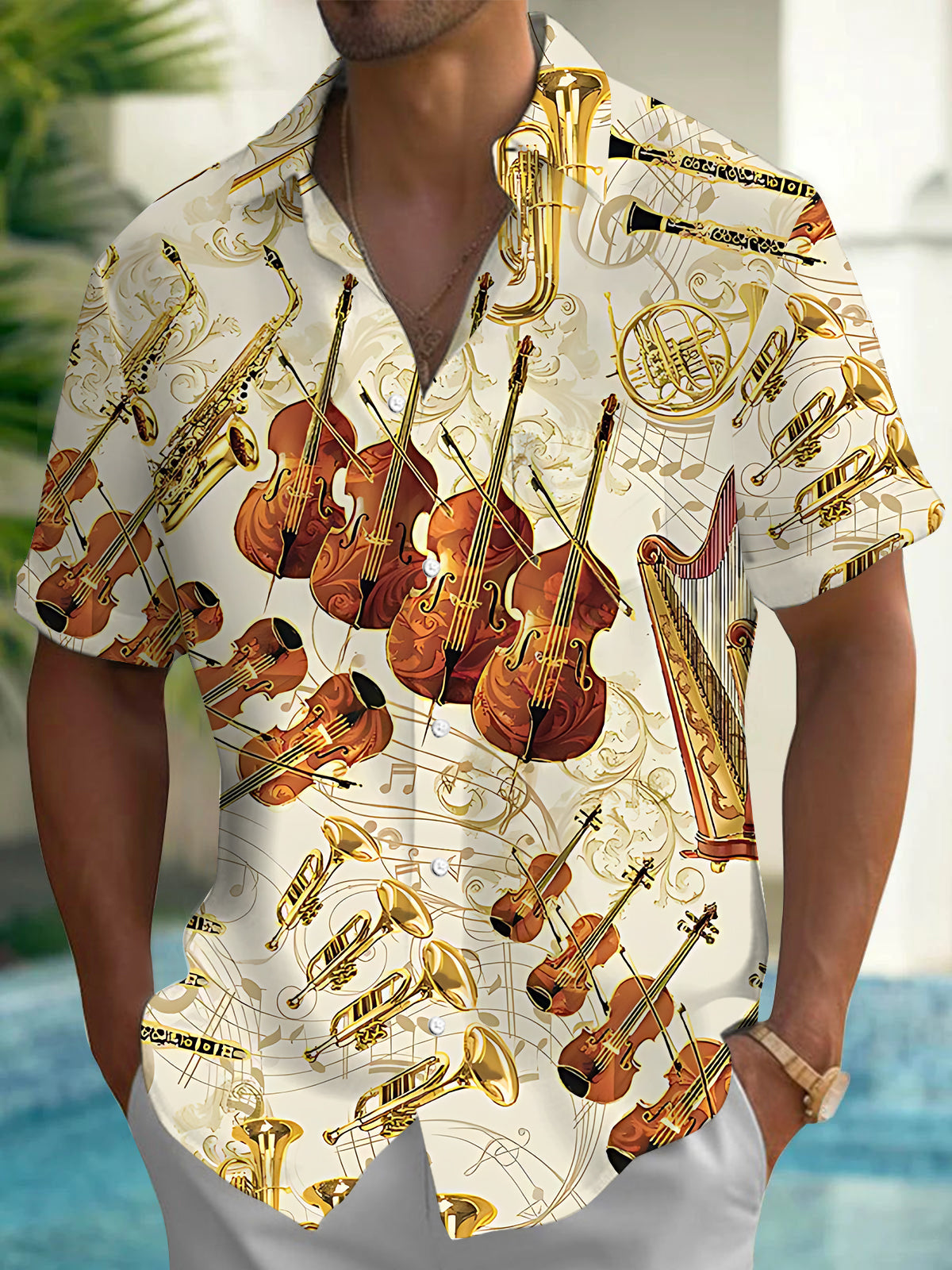 Adaychic Men's Vintage Style Musical Instruments Pattern Short Sleeve Shirt with Chest Pocket