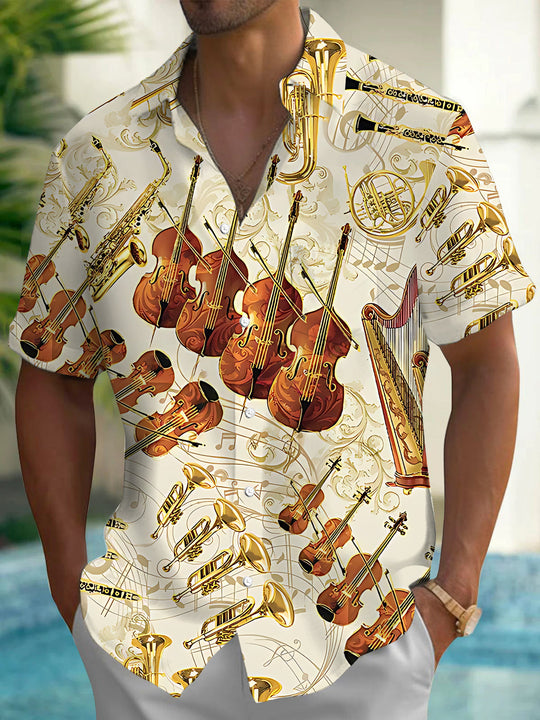 Adaychic Men's Vintage Style Musical Instruments Pattern Short Sleeve Shirt with Chest Pocket