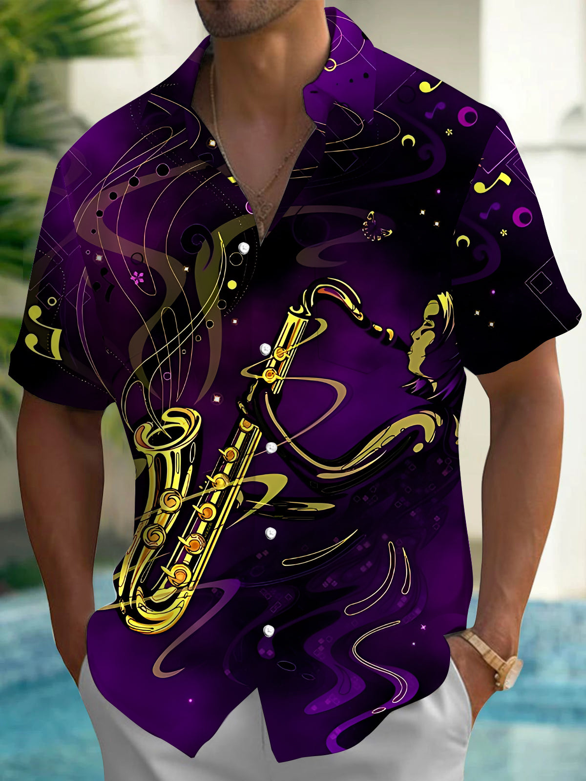 Adaychic Men's Graphic Saxophone Musician Print Short Sleeve Shirt with Chest Pocket