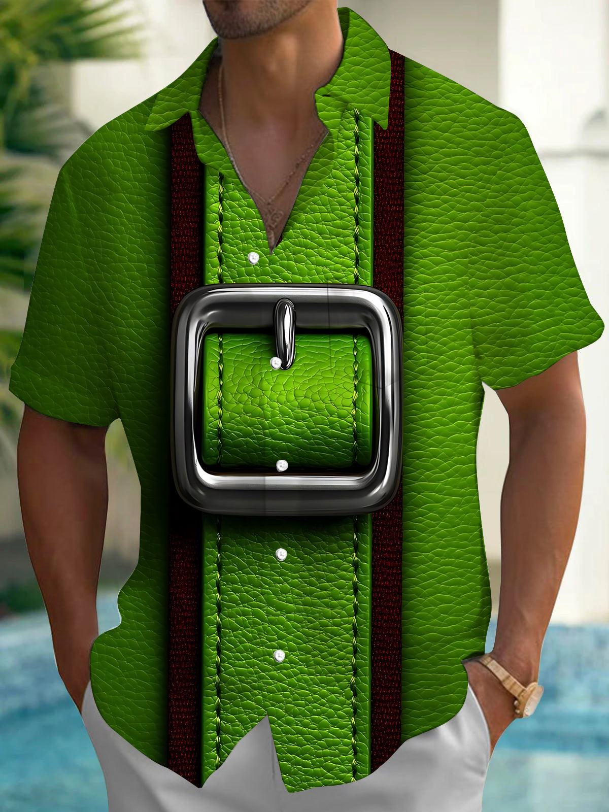 Adaychic Men's Printed Leather Texture Print Short Sleeve Shirt with Chest Pocket