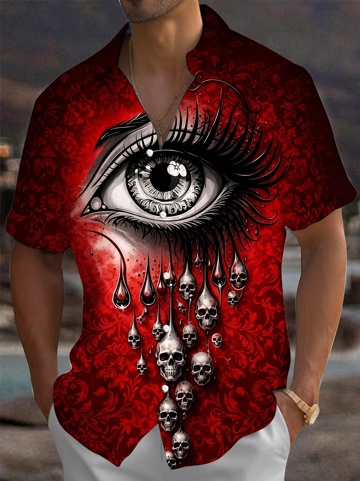 Adaychic Men's Vintage Style Crying Eye Print Short Sleeve Shirt with Chest Pocket