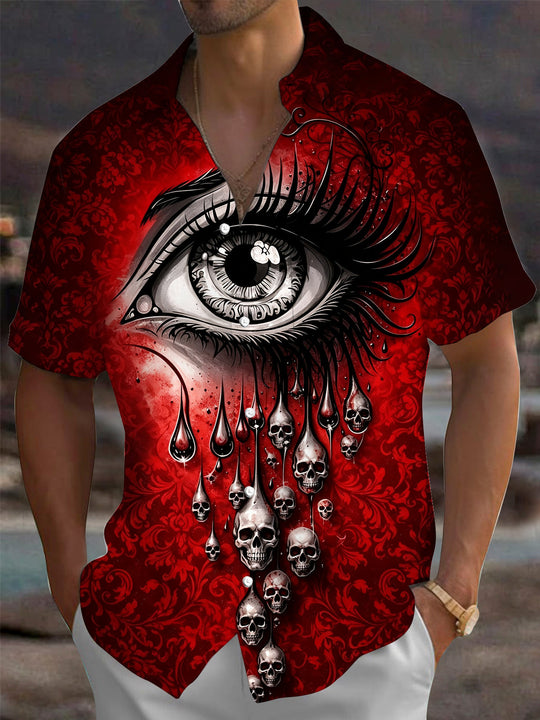 Adaychic Men's Vintage Style Crying Eye Print Short Sleeve Shirt with Chest Pocket