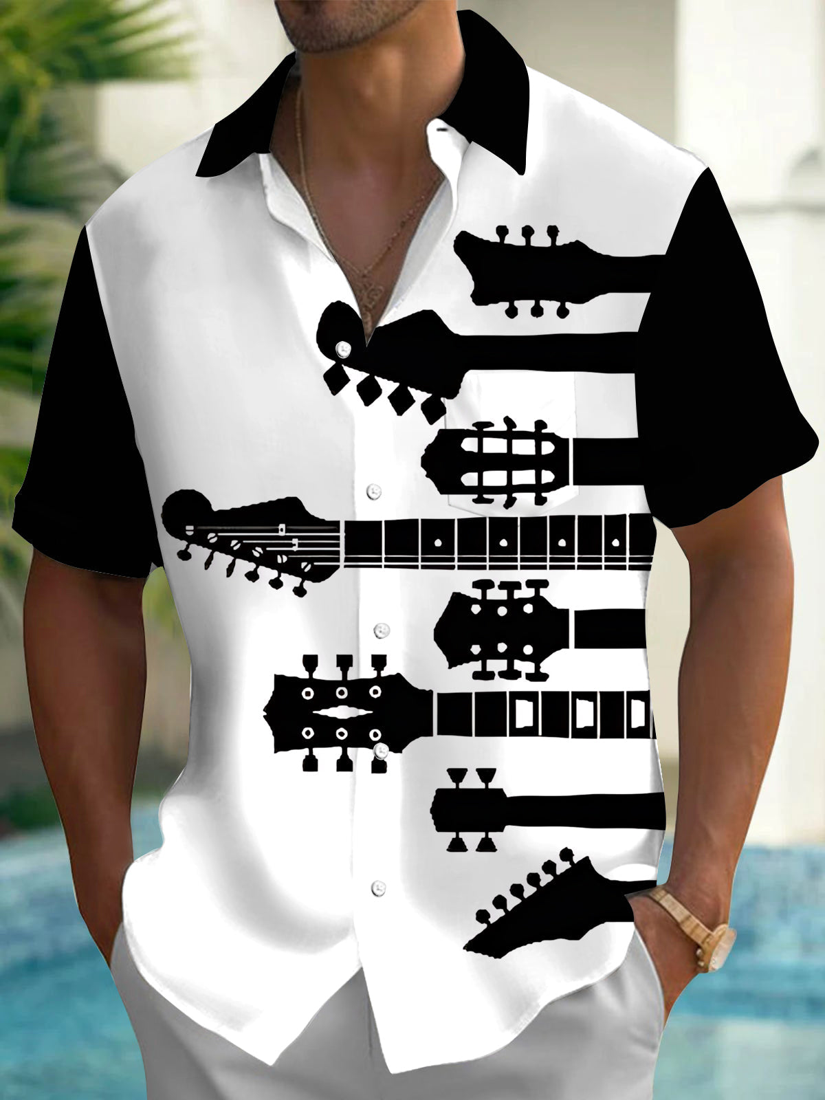Adaychic Men's Graphic Guitar Headstock Silhouette Print Short Sleeve Shirt with Chest Pocket