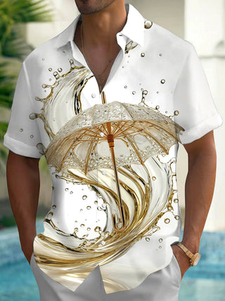 Adaychic Men's 3D Golden Umbrella Print Liquid Splash Print Short Sleeve Shirt with Chest Pocket