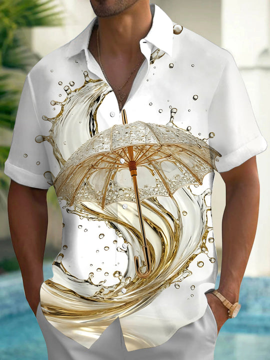 Adaychic Men's 3D Golden Umbrella Print Liquid Splash Print Short Sleeve Shirt with Chest Pocket