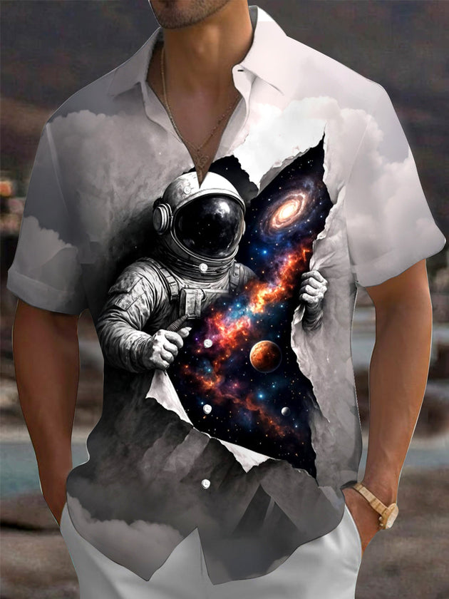 Adaychic Men's Graphic Astronaut Print Galaxy Universe Print Short Sleeve Shirt with Chest Pocket