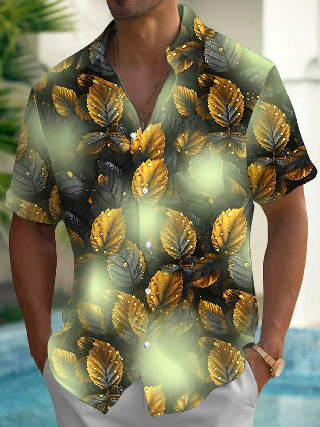 Adaychic Men's Hawaiian Golden Leaf Pattern Short Sleeve Shirt with Chest Pocket