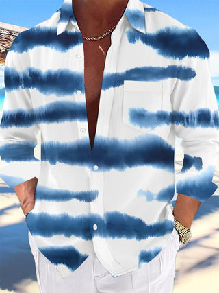 Adaychic Men's Blue And White Horizontal Stripes Print Long Sleeve Shirt with Chest Pocket