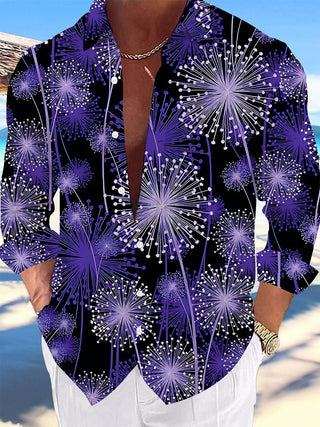 Adaychic Men's Hawaiian Dandelion Floral Print Long Sleeve Shirt with Chest Pocket
