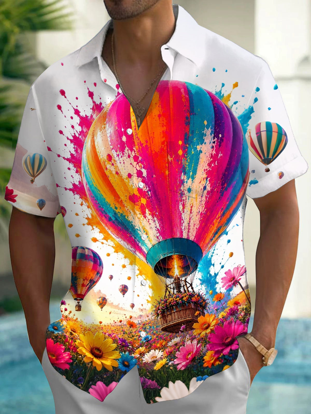 Adaychic Men's Hawaiian Colorful Hot Air Balloon Print Short Sleeve Shirt with Chest Pocket