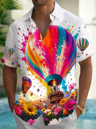 Adaychic Men's Hawaiian Colorful Hot Air Balloon Print Short Sleeve Shirt with Chest Pocket