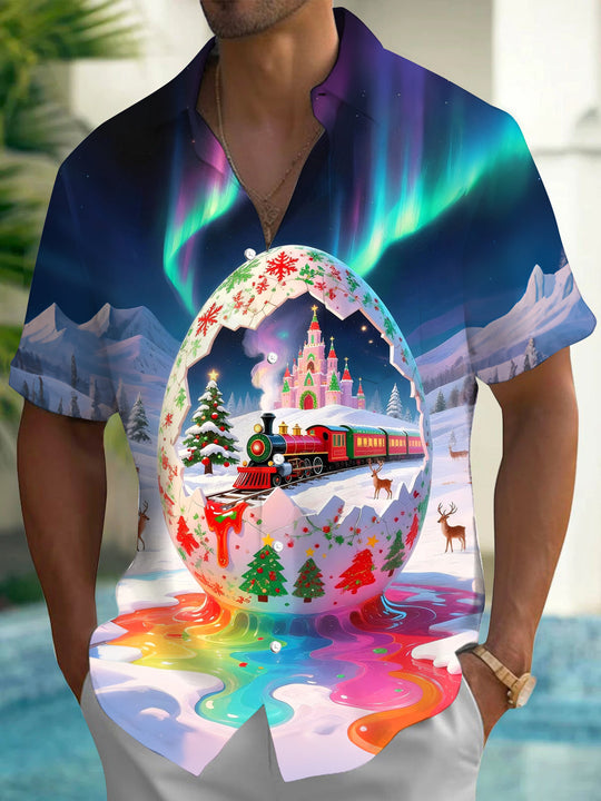 Adaychic Men's Graphic Christmas Egg Train Print Short Sleeve Shirt with Chest Pocket