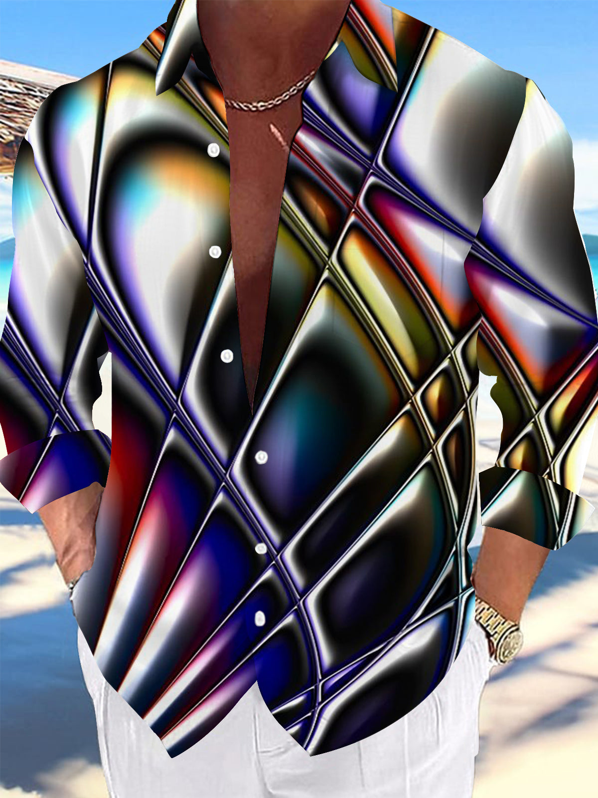 Adaychic Men's Printed Abstract Geometric Gradient Print Long Sleeve Shirt with Chest Pocket