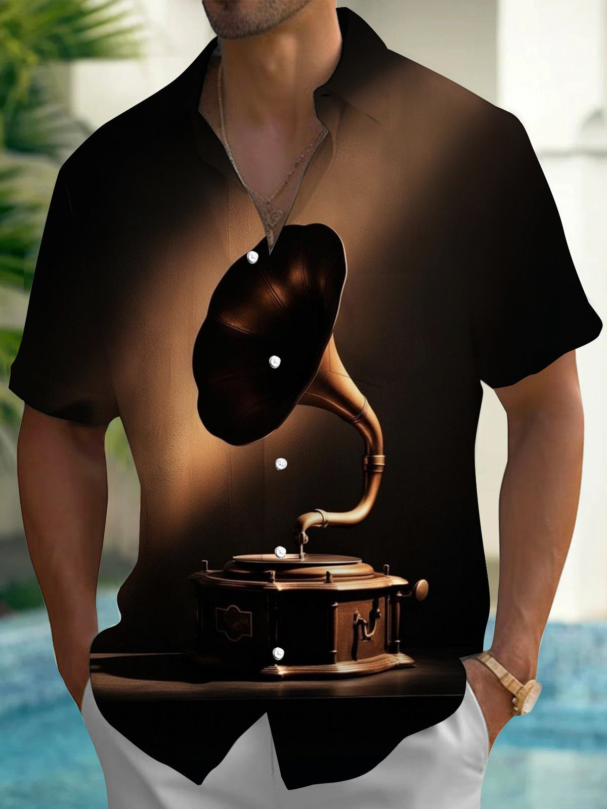 Adaychic Men's Vintage Style Vintage Gramophone Print Short Sleeve Shirt with Chest Pocket