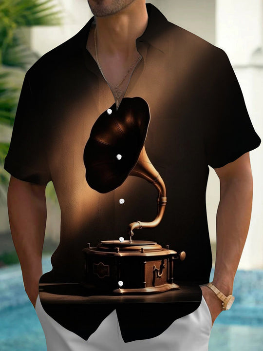 Adaychic Men's Vintage Style Vintage Gramophone Print Short Sleeve Shirt with Chest Pocket